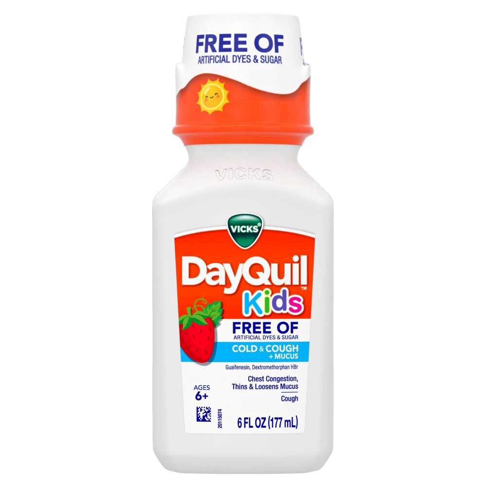 slide 1 of 1, VICKS DayQuil Kids Cold & Cough + Mucus Multi-Symptom Relief Liquid, Free Of Artificial Dyes & Sugar, Daytime Relief of Cough and Chest Congestion, Thins & Loosens Mucus, No, Great-Tasting Berry Flavored Medicine, Specially Formulated for Kids Ages 6+, 6o, 6 fl oz