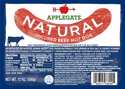 slide 1 of 1, Applegate Beef Hot Dog - Uncured Natural, 12 oz