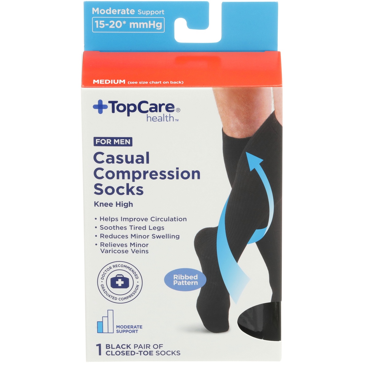 slide 1 of 1, TopCare Health For Men Casual Compression Socks Knee High Medium Black, 1 pair