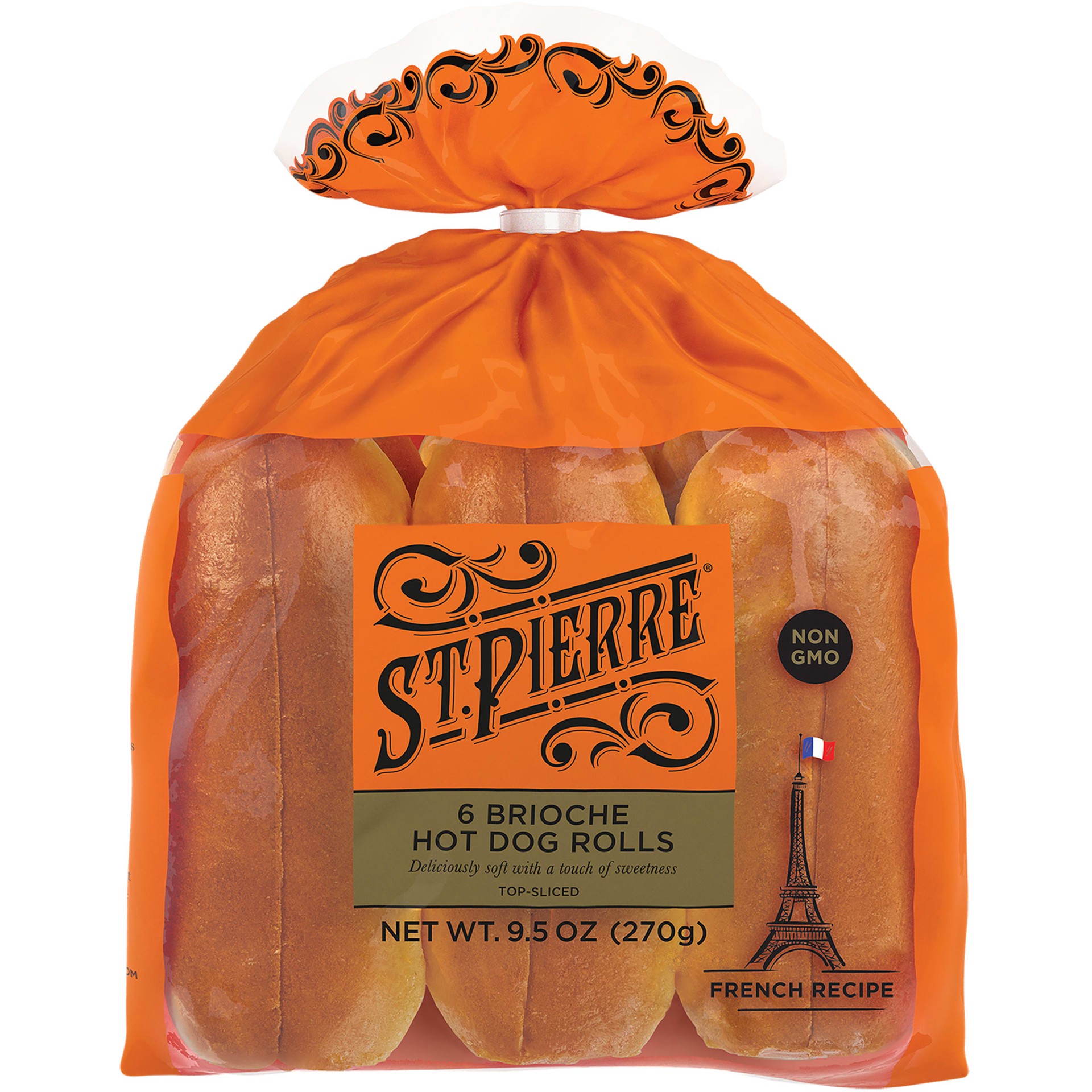 slide 1 of 5, St Pierre Brioche Hot Dog Rolls, 6 count, Hot Dog Buns, 9.5 oz Bag, 9.5 oz