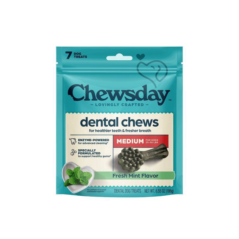 slide 1 of 8, Chewsday Mint Flavor Dental and Hard Chew with Enzyme Dog Treats - 6.55 oz / 7 ct, 9 ct