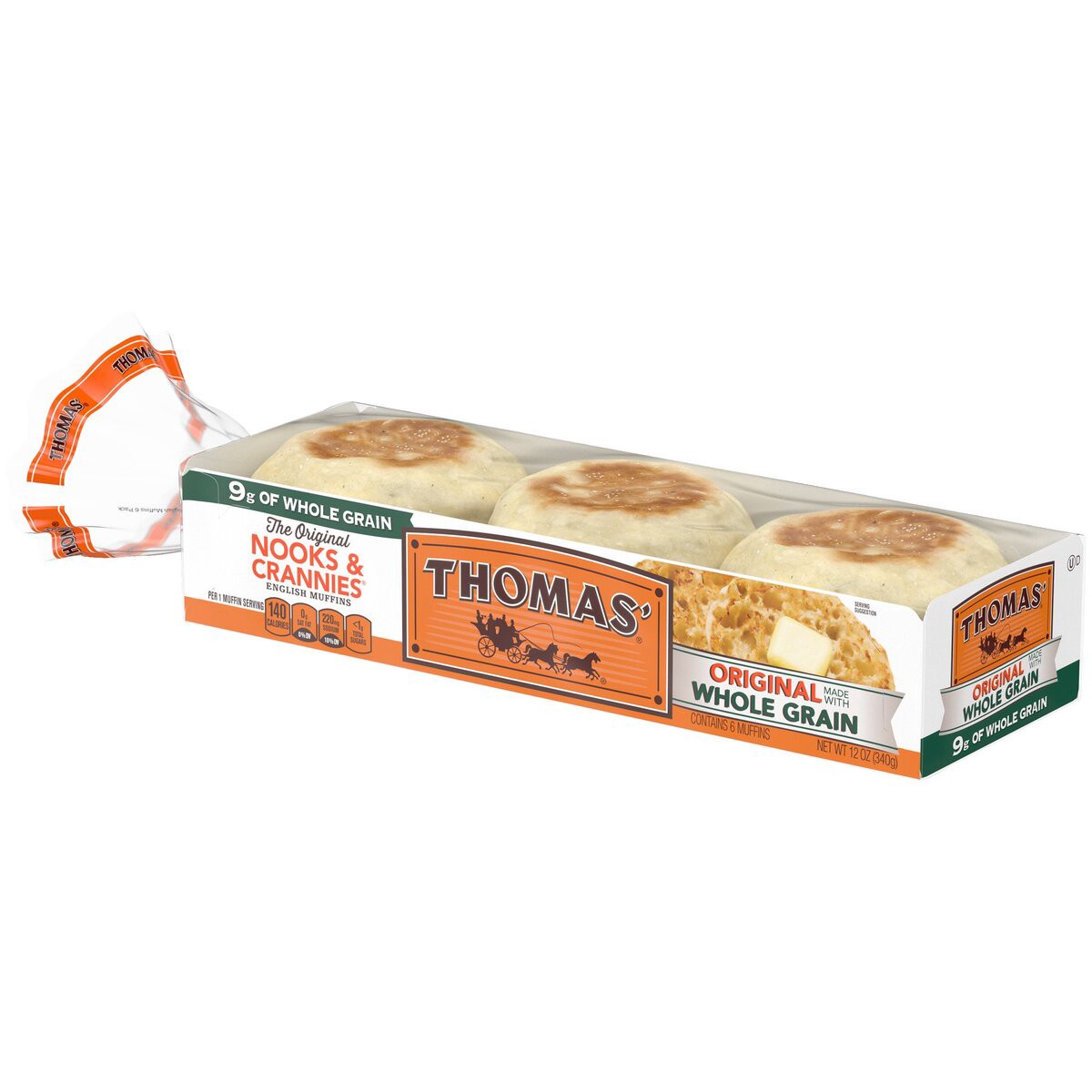 slide 2 of 2, Thomas' Whole Grain English Muffins, 6 ct