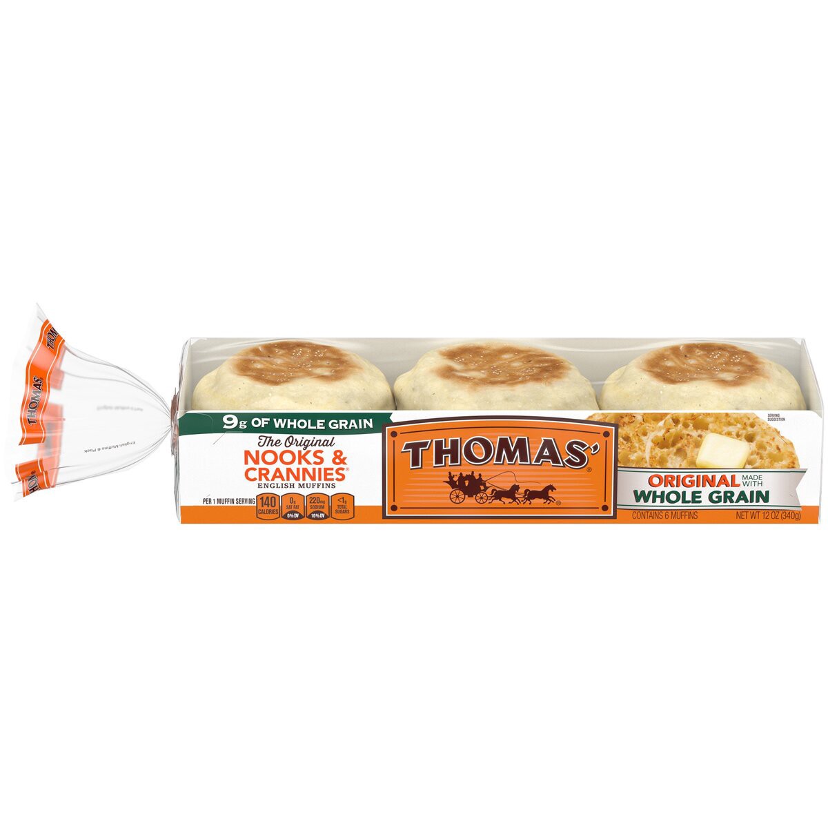 slide 1 of 2, Thomas' Whole Grain English Muffins, 6 ct