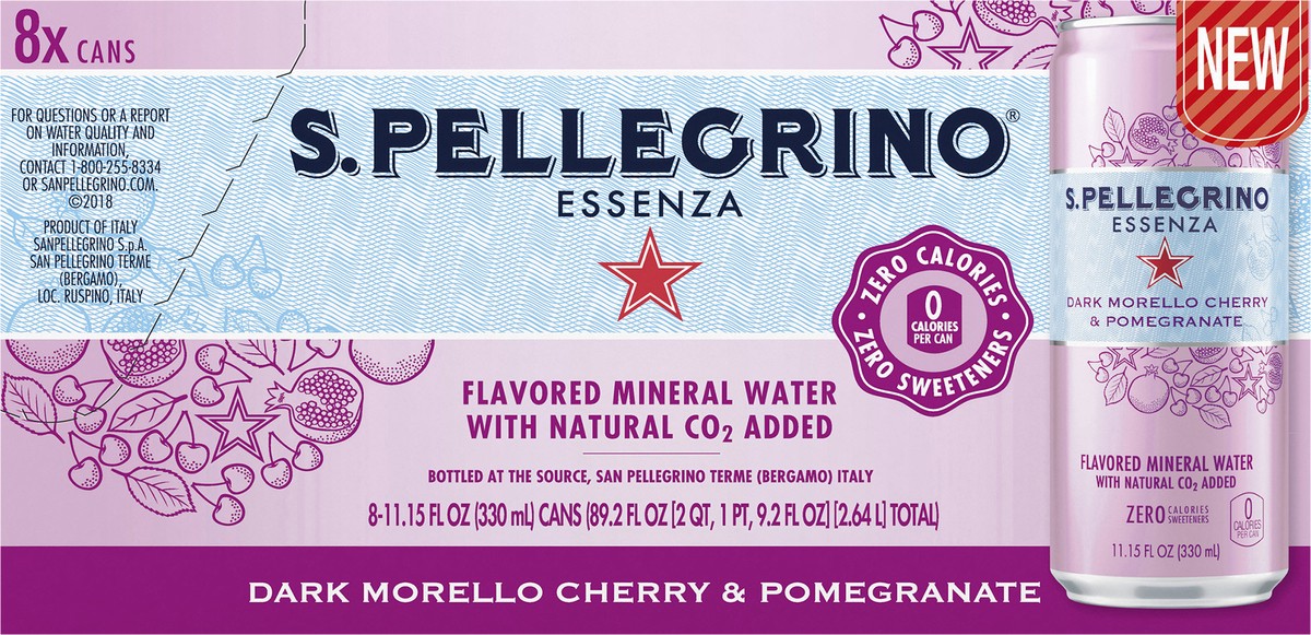 slide 3 of 7, S.Pellegrino Essenza Dark Morello Cherry & Pomegranate Flavored Mineral Water with CO2 Added, 8 Pack of 11.15 Fl Oz Cans, 89.2 oz
