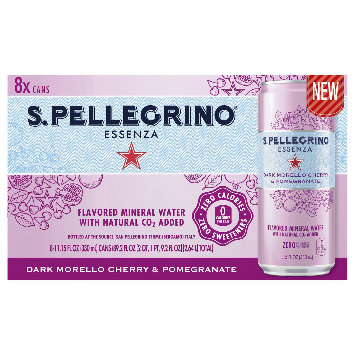 slide 1 of 7, S.Pellegrino Essenza Dark Morello Cherry & Pomegranate Flavored Mineral Water with CO2 Added, 8 Pack of 11.15 Fl Oz Cans, 89.2 oz
