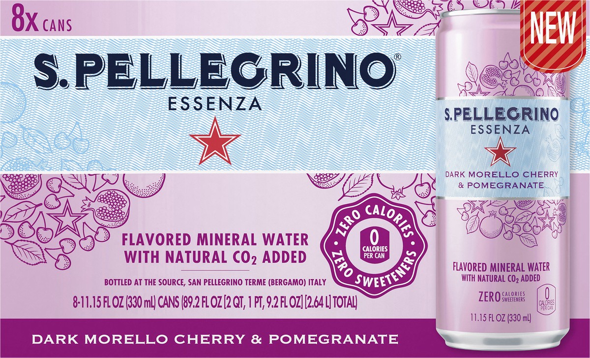 slide 5 of 7, S.Pellegrino Essenza Dark Morello Cherry & Pomegranate Flavored Mineral Water with CO2 Added, 8 Pack of 11.15 Fl Oz Cans, 89.2 oz