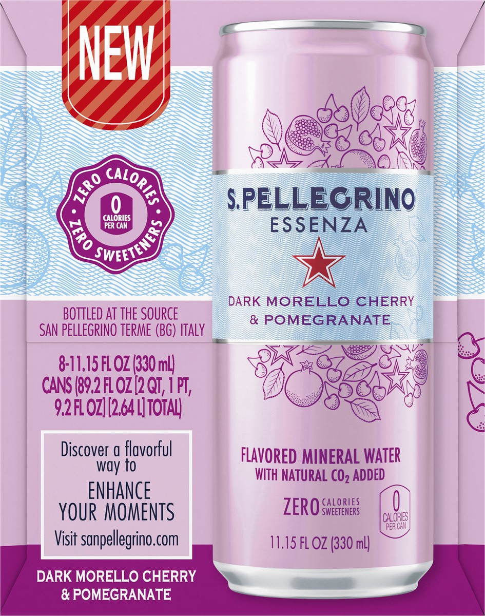 slide 6 of 7, S.Pellegrino Essenza Dark Morello Cherry & Pomegranate Flavored Mineral Water with CO2 Added, 8 Pack of 11.15 Fl Oz Cans, 89.2 oz
