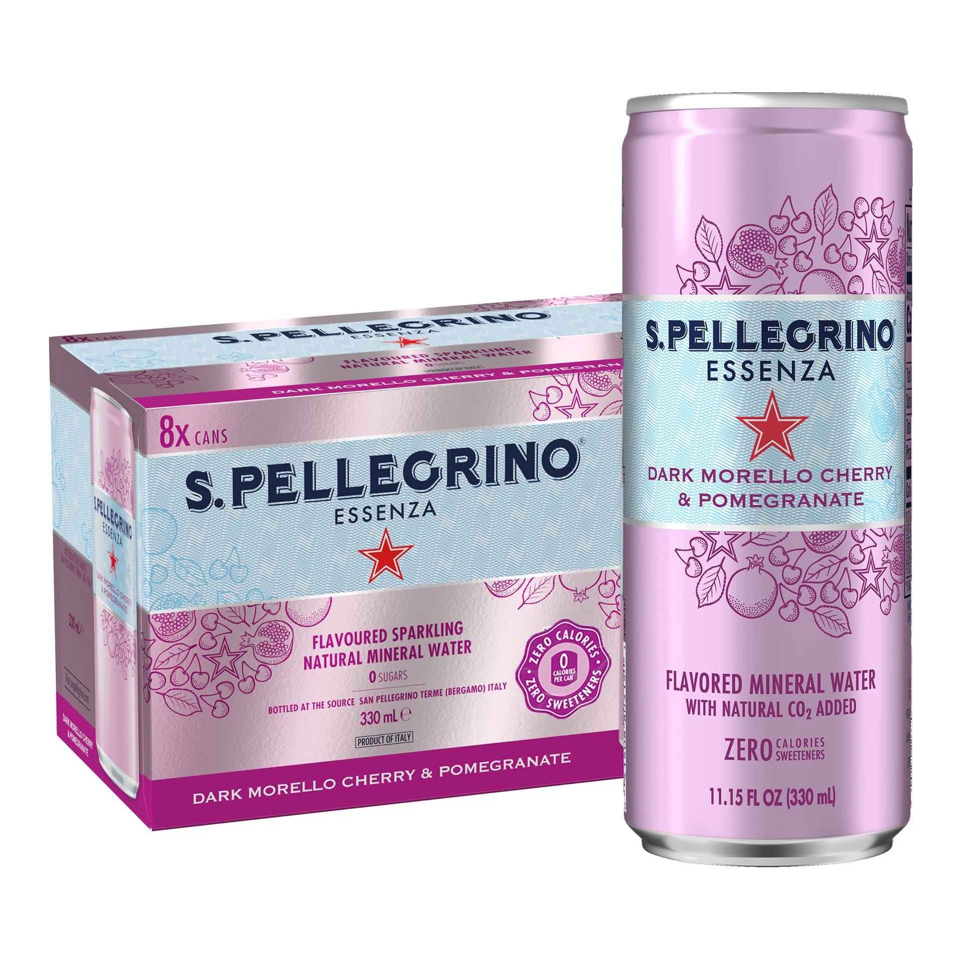 slide 1 of 7, S.Pellegrino Essenza Dark Morello Cherry & Pomegranate Flavored Mineral Water with CO2 Added, 8 Pack of 11.15 Fl Oz Cans - 89.2 oz, 89.2 oz