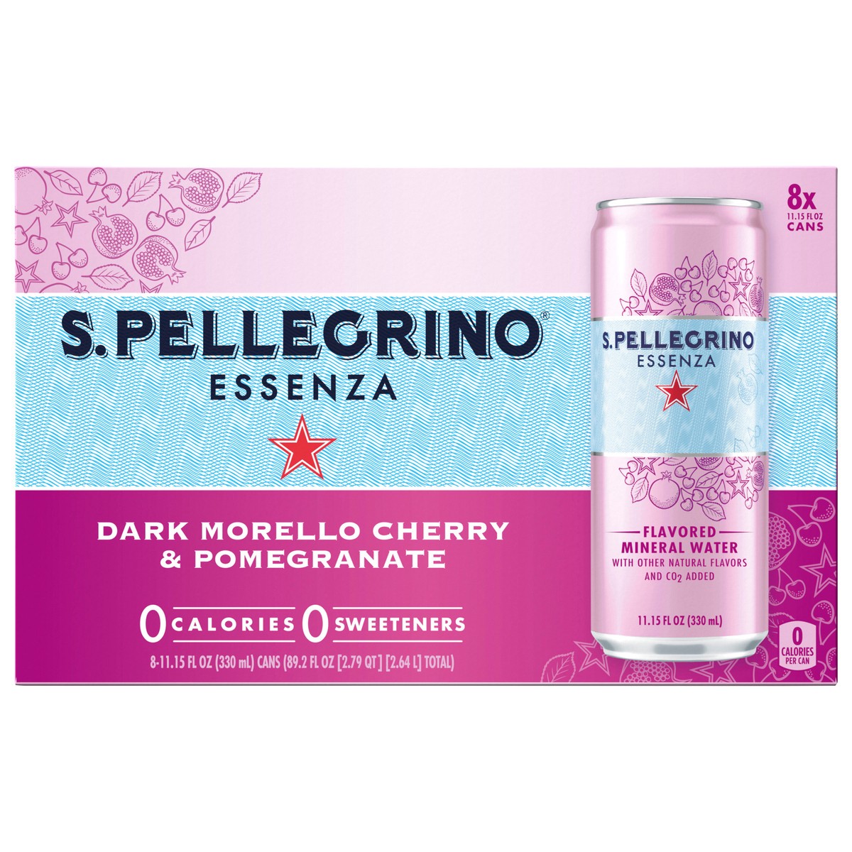 slide 1 of 7, S.Pellegrino S. PELLEGRINO Essenza Dark Morello Cherry & Pomegranate Flavored Mineral Water with Natural CO2 Added, 8 Pack of 11.15 Fl Oz Cans 89.2 fl oz., 8 ct