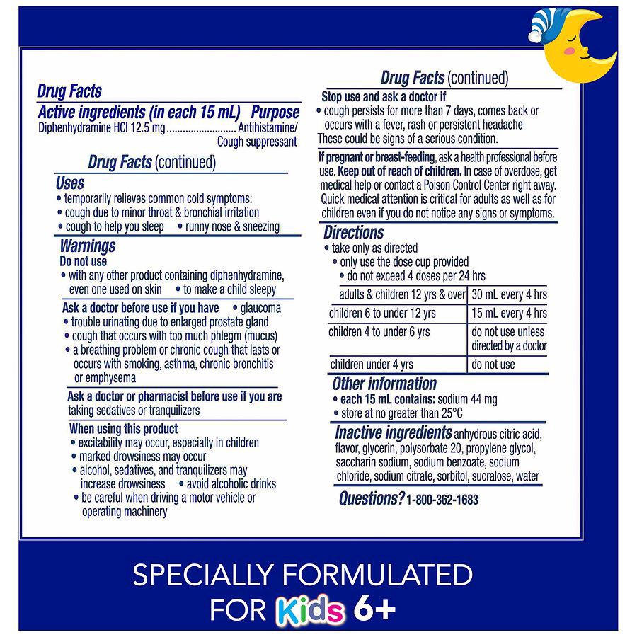 slide 4 of 5, VICKS NyQuil Kids Cold & Cough + Runny Nose Multi-Symptom Relief Liquid, Free Of Artificial Dyes & Sugar, Grape Flavor, Nighttime Relief of Cough, Sneezing, Runny Nose, Great-Tasting Grape Flavored Medicine, Specially Formulated for Kids Ages 6+, 6oz, 6 fl oz