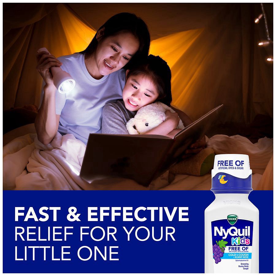 slide 5 of 5, VICKS NyQuil Kids Cold & Cough + Runny Nose Multi-Symptom Relief Liquid, Free Of Artificial Dyes & Sugar, Grape Flavor, Nighttime Relief of Cough, Sneezing, Runny Nose, Great-Tasting Grape Flavored Medicine, Specially Formulated for Kids Ages 6+, 6oz, 6 fl oz