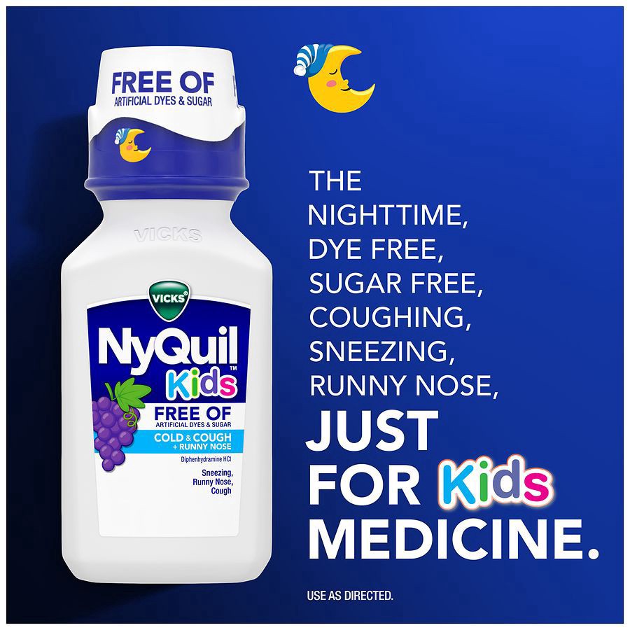 slide 2 of 5, VICKS NyQuil Kids Cold & Cough + Runny Nose Multi-Symptom Relief Liquid, Free Of Artificial Dyes & Sugar, Grape Flavor, Nighttime Relief of Cough, Sneezing, Runny Nose, Great-Tasting Grape Flavored Medicine, Specially Formulated for Kids Ages 6+, 6oz, 6 fl oz