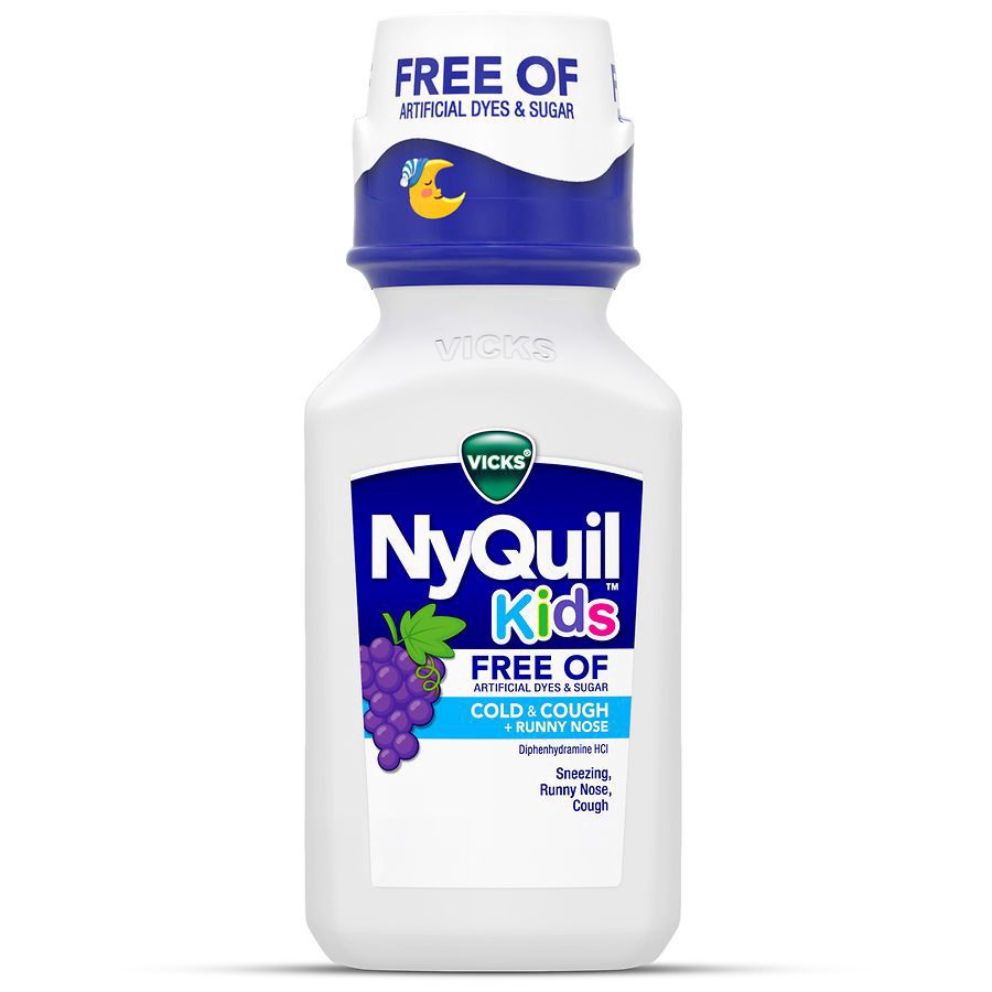 slide 1 of 5, VICKS NyQuil Kids Cold & Cough + Runny Nose Multi-Symptom Relief Liquid, Free Of Artificial Dyes & Sugar, Grape Flavor, Nighttime Relief of Cough, Sneezing, Runny Nose, Great-Tasting Grape Flavored Medicine, Specially Formulated for Kids Ages 6+, 6oz, 6 fl oz