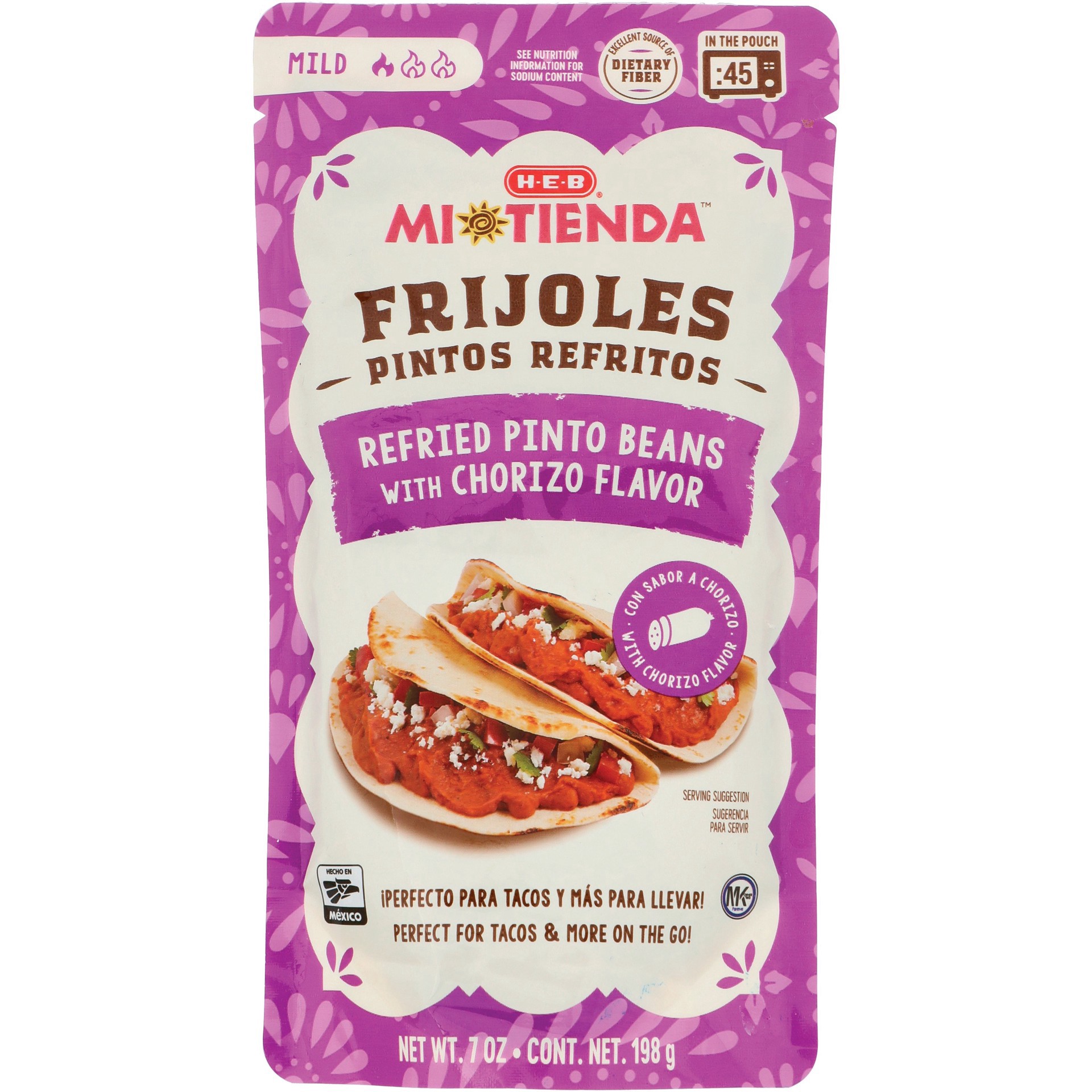 slide 1 of 1, H-E-B Mi Tienda Microwavable Refried Pinto Beans – Chorizo Flavor, 7 oz