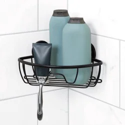 Zenna Home No Rust Adhesive or Suction Mount Corner Shower Basket, Matte Black