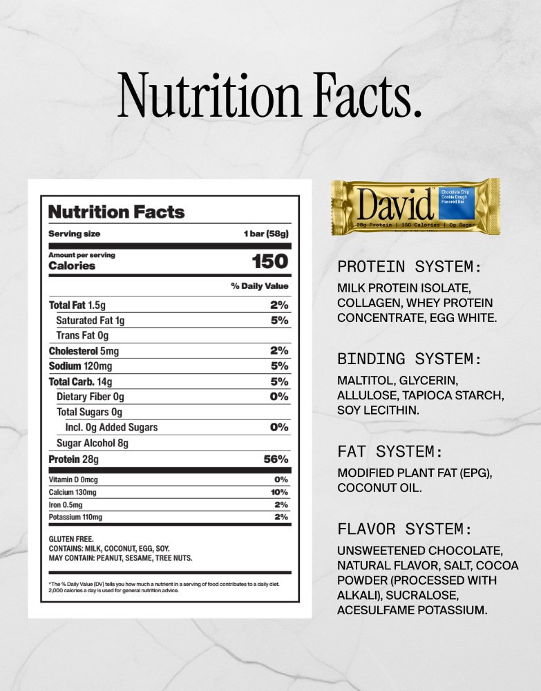 slide 4 of 6, David™ Chocolate Chip Cookie Dough Protein Bar, 12 bars / 2.05 oz