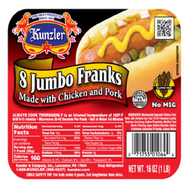 slide 1 of 1, Kunzler Jumbo Meat Franks, 1 lb