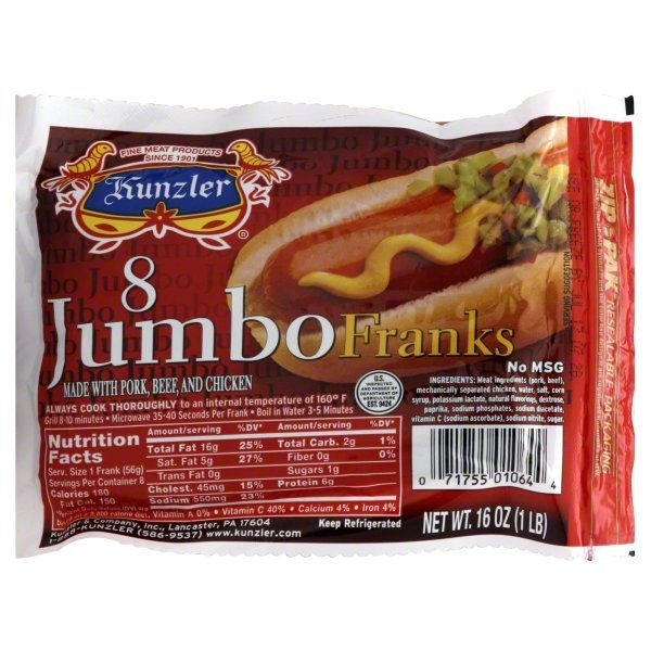 slide 1 of 1, Kunzler Jumbo Meat Franks, 1 lb