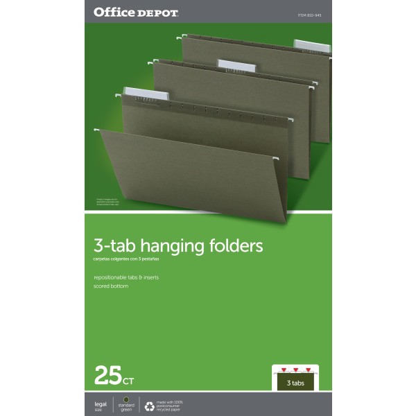 slide 2 of 3, Office Depot® Brand Hanging Folders, 1/3 Cut, Legal Size, 100% Recycled, Green, Pack Of 25, 25 ct