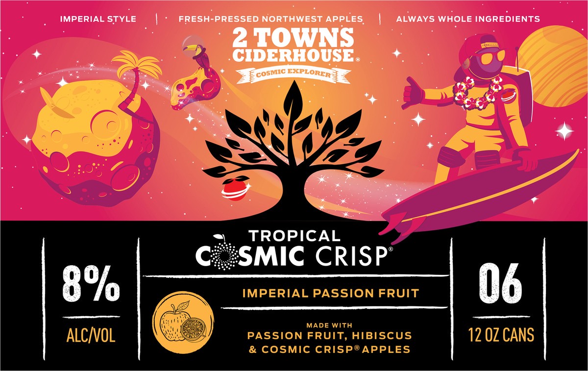 slide 2 of 9, 2 Towns Ciderhouse Cosmic Crisp Imperial Passion Fruit Hard Cider, 6 ct; 12 fl oz