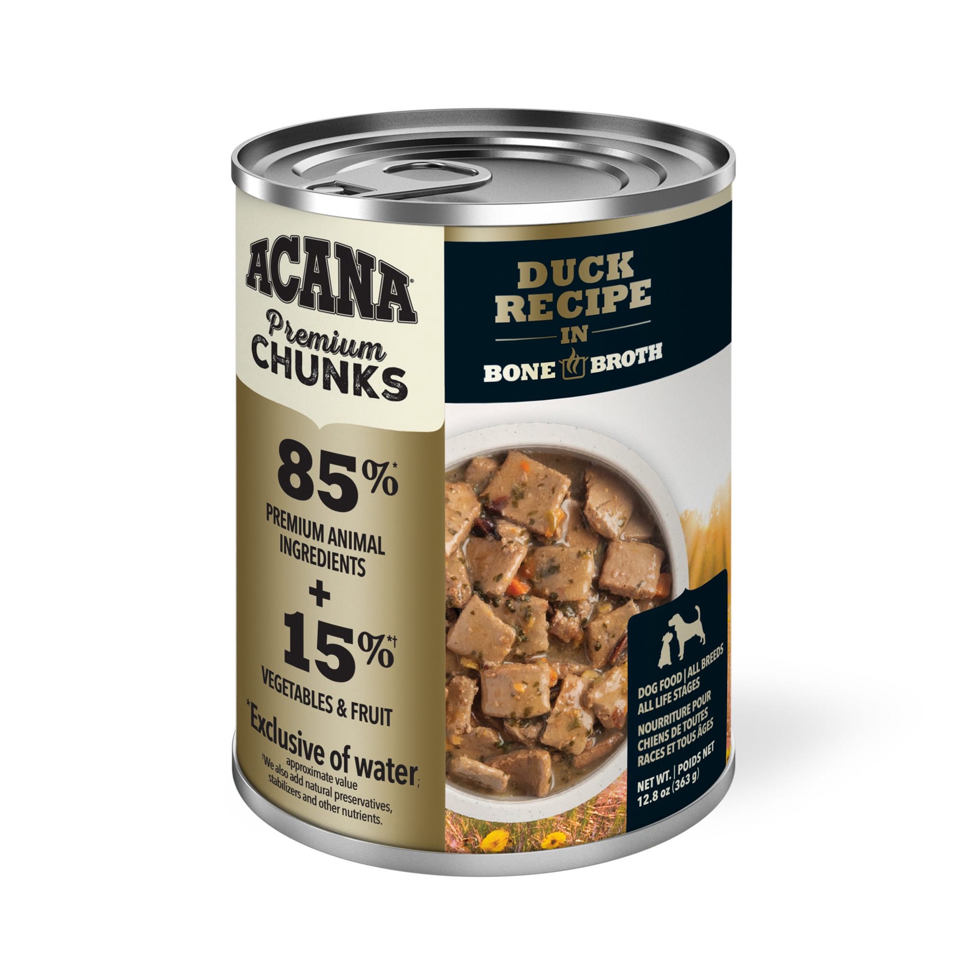 slide 1 of 5, ACANA Premium Chunks Wet Dog Food Duck Recipe in Bone Broth, 12.8oz, case of 12 cans, 12.8 oz