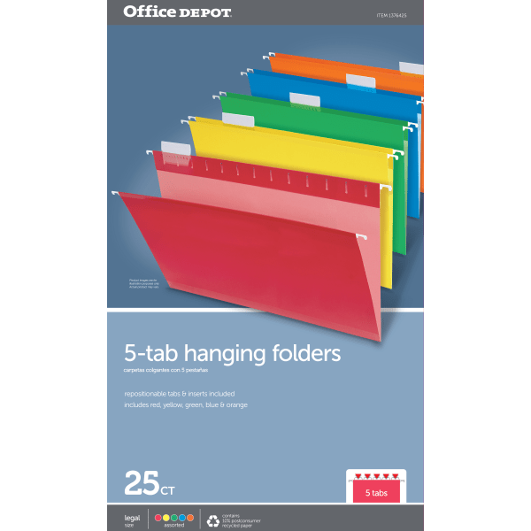 slide 3 of 3, Office Depot® Brand Hanging Folders, 1/5 Cut, 15-3/4"" x 9-3/8"", Legal Size, Assorted Primary Colors, Box Of 25, 25 ct