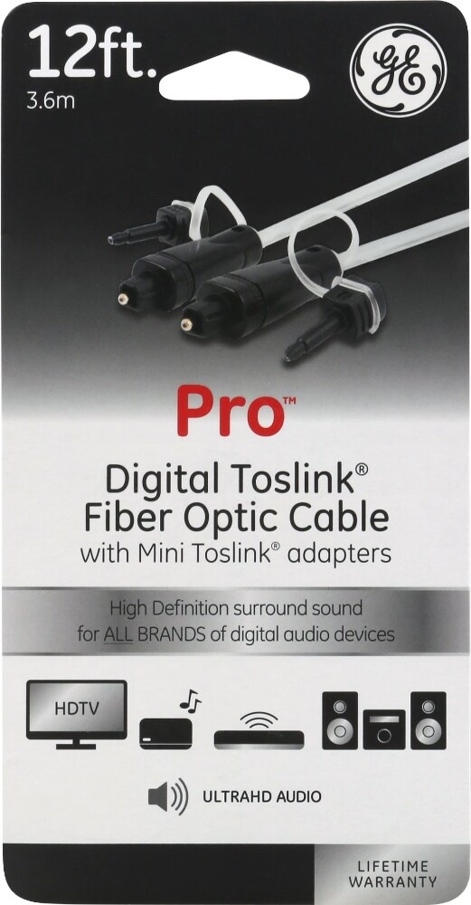 slide 1 of 1, GE Fiber Optic Cable, with Mini Toslink Adapter, 12 Feet, 1 ct