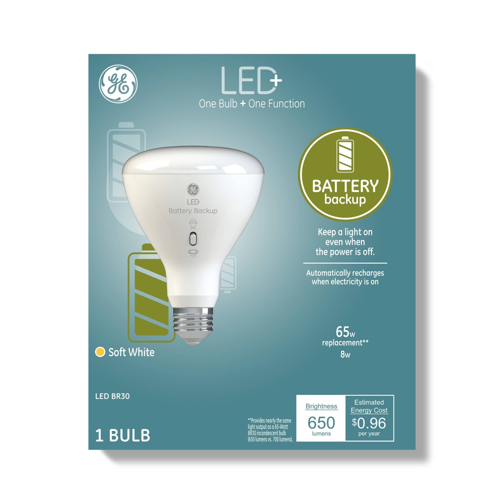 slide 1 of 4, GE LED+ Battery Backup Soft White 65W Replacement LED Indoor Floodlight BR30, 1 ct