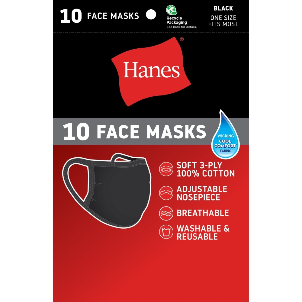 slide 1 of 1, Hanes Anti-Microbial Black Cotton Face Masks, 10 ct