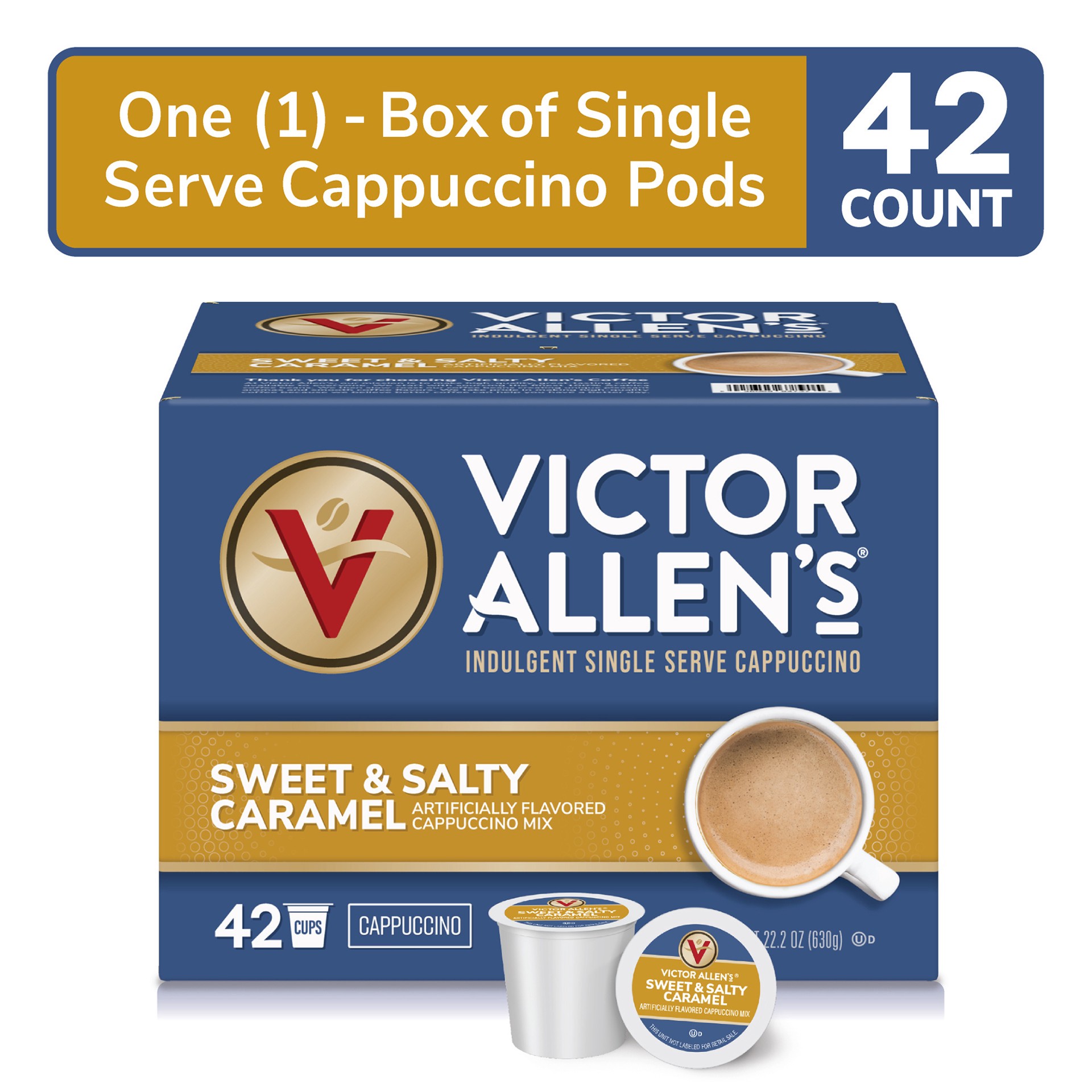 slide 2 of 5, Victor Allen's Coffee Sweet and Salty Caramel Flavored Cappuccino Mix, , Single Serve K-Cup Pods for Keurig K-Cup Brewers Brewers - 42 ct, 42 ct