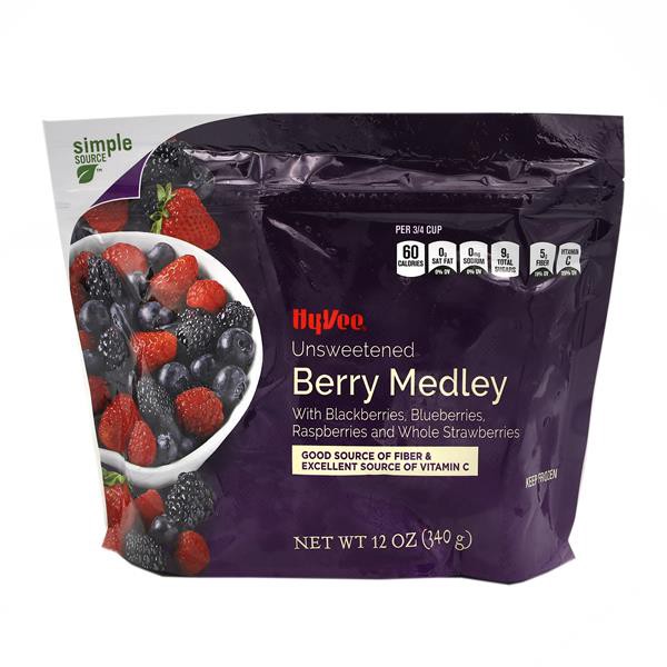 slide 1 of 1, Hy-vee Freshly Frozen Unsweetened Berry Medley Strawberries, Blackberries, Blueberries & Raspberries, 12 oz