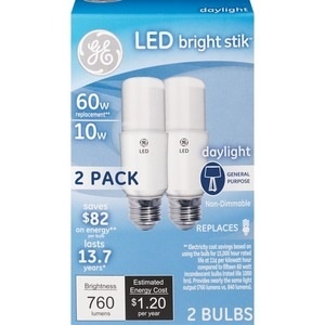 slide 1 of 1, Gold Emblem GE Led Bright Stik Bulb 60w/10w, 2 ct