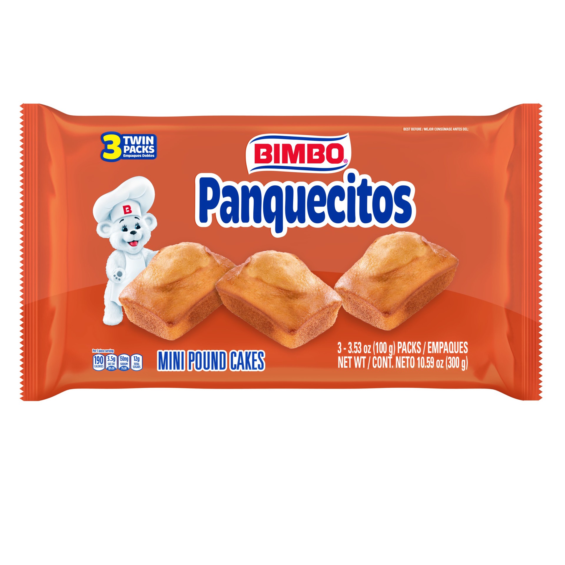 slide 1 of 9, Bimbo Panquecitos Plain Pound Cakes, 3 twin packs, Mini Pound Cakes, 10.59 oz Tray, 3 ct