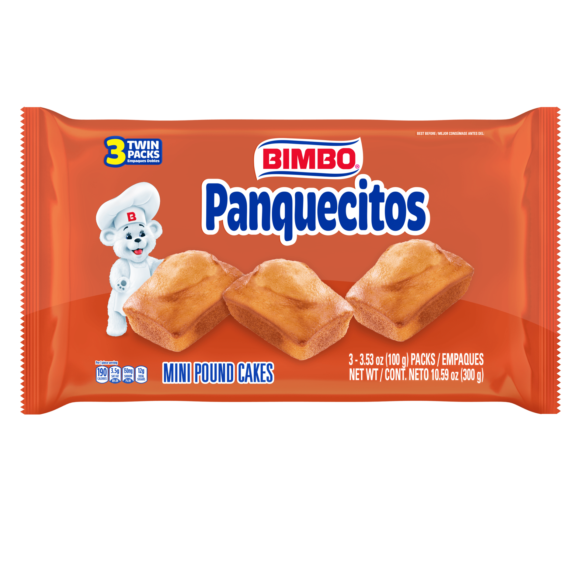 slide 1 of 9, Bimbo Panquecitos Plain Pound Cakes, 3 twin packs, Soft Mini Pound Cakes, 10.59 oz Tray, 3 ct