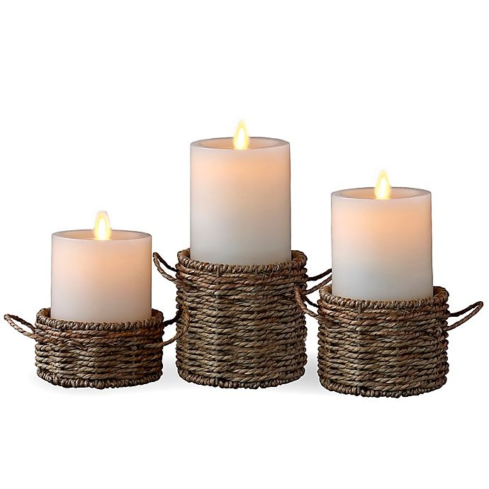 slide 1 of 4, Luminara Woven Wrap Real-Flame Effect Pillar Candles, 3 ct