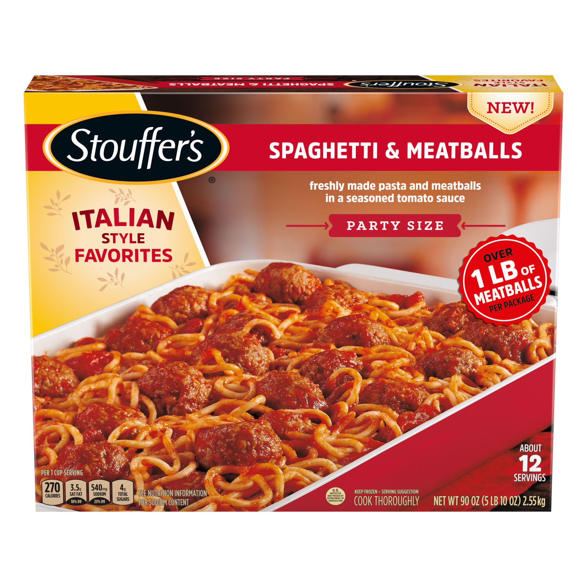 slide 1 of 14, Stouffer's Party Size Spaghetti and Meatballs Frozen Meal, 90 oz