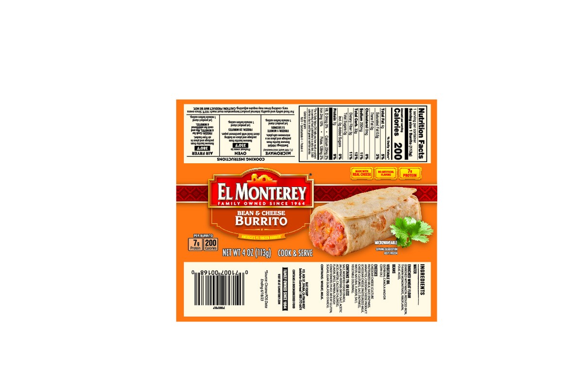 slide 2 of 12, El Monterey Bean & Cheese Burrito 4oz Single Serve, 4 oz