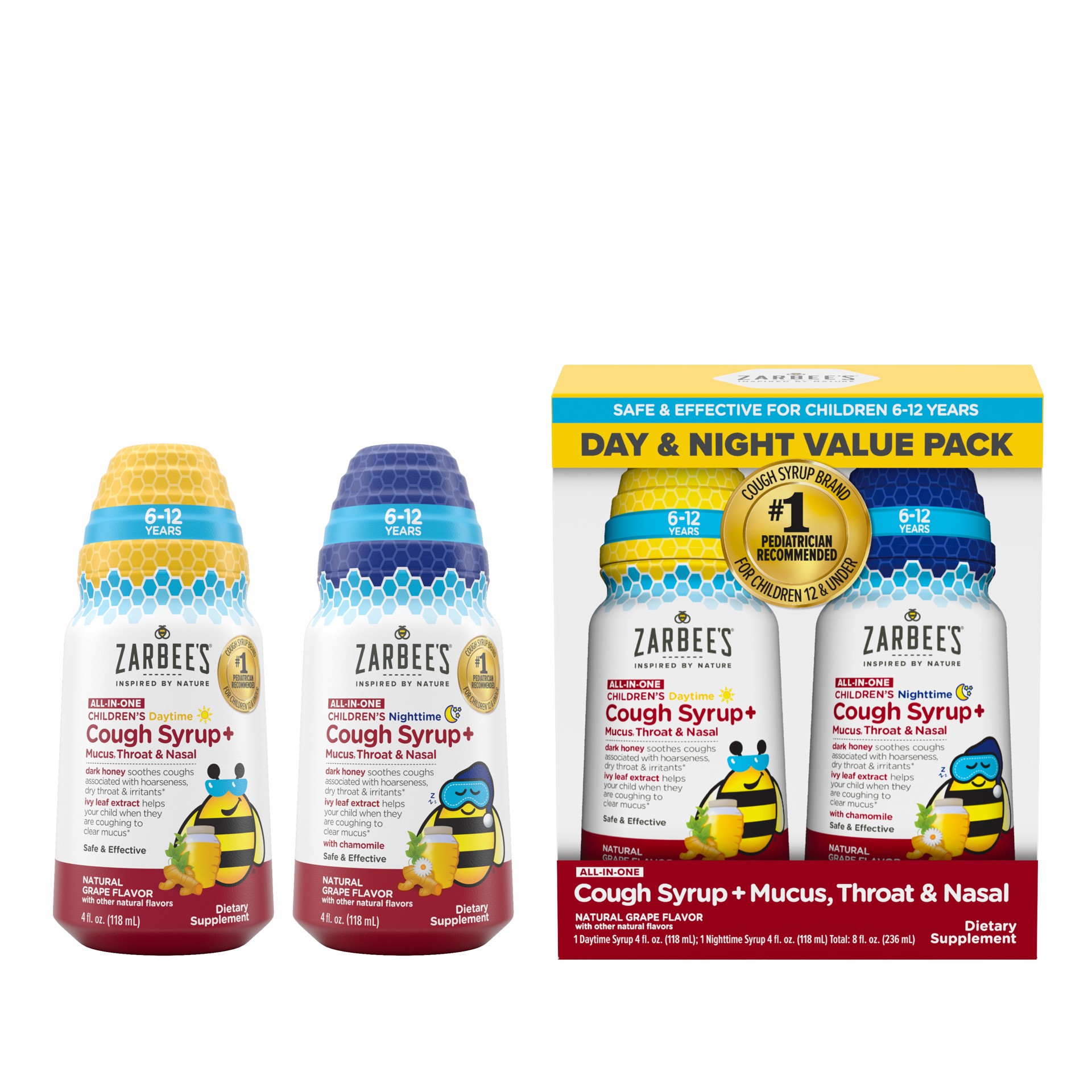 slide 2 of 5, Zarbee's Naturals Children's All-In-One Cough Syrup + Mucus, Throat, and Nasal Day & Night Value Pack, Natural Grape Flavor, 2x4 Fl. Oz, 2 ct
