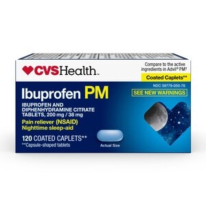 slide 1 of 1, CVS Health Ibuprofen And Diphenhydramine Citrate Tablets, 200 Mg/38 Mg, Pain Reliever (Nsaid)/Nighttime Sleep-Aid, 120 Ct, 120 ct