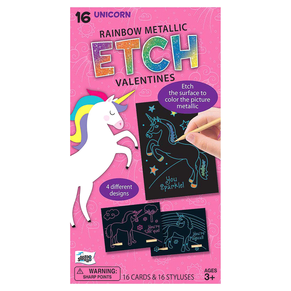 slide 1 of 1, Mello Smello Unicorn Etch Rainbow Metallic Valentine Card Kit, 16 ct