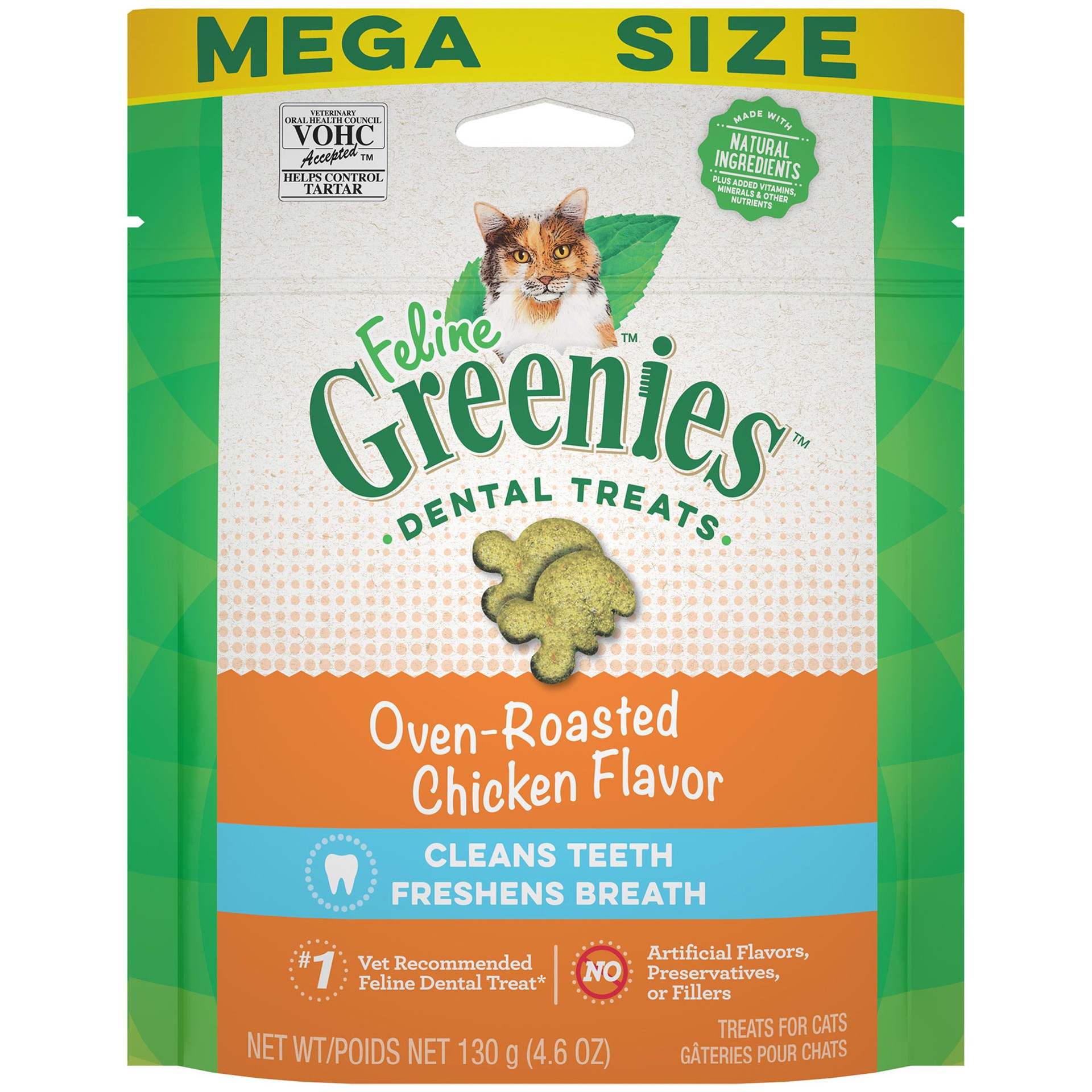 slide 1 of 3, FELINE GREENIES Adult Natural Dental Care Cat Treats, Oven Roasted Chicken Flavor, 4.6 oz. Pouch, 4.6 oz