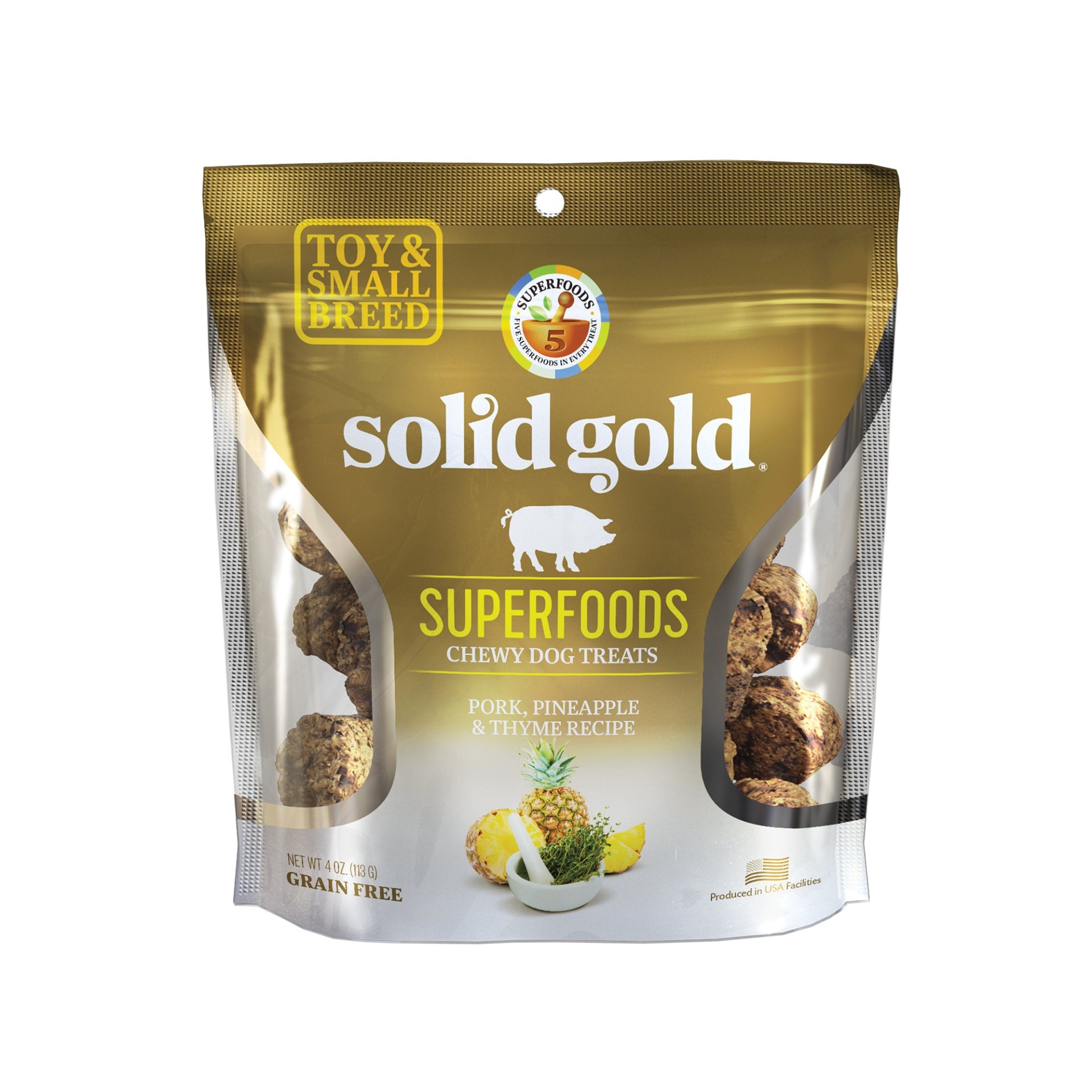 slide 1 of 1, Solid Gold Grain Free Pork, Pineapple & Thyme Small & Toy Breed Chewy Dog Treats, 4 oz