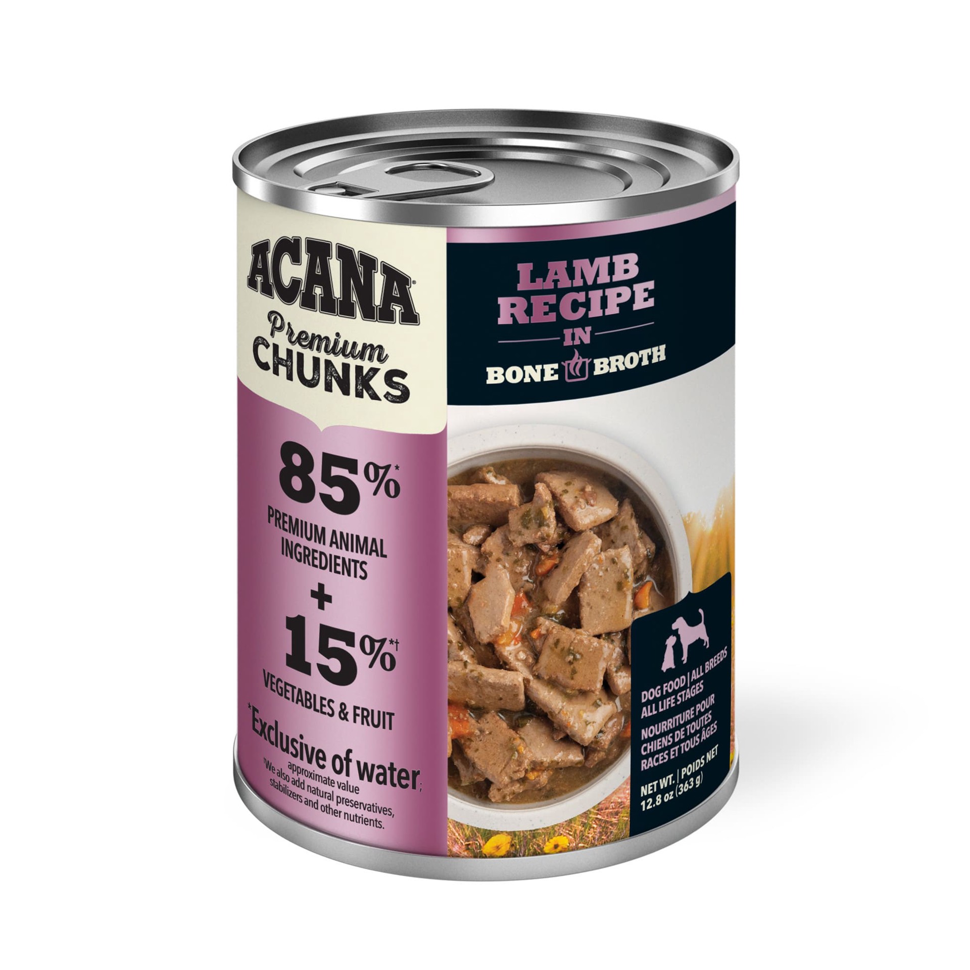 slide 1 of 5, ACANA Premium Chunks Wet Dog Food Lamb Recipe in Bone Broth, 12.8oz, case of 12 cans, 12.8 oz