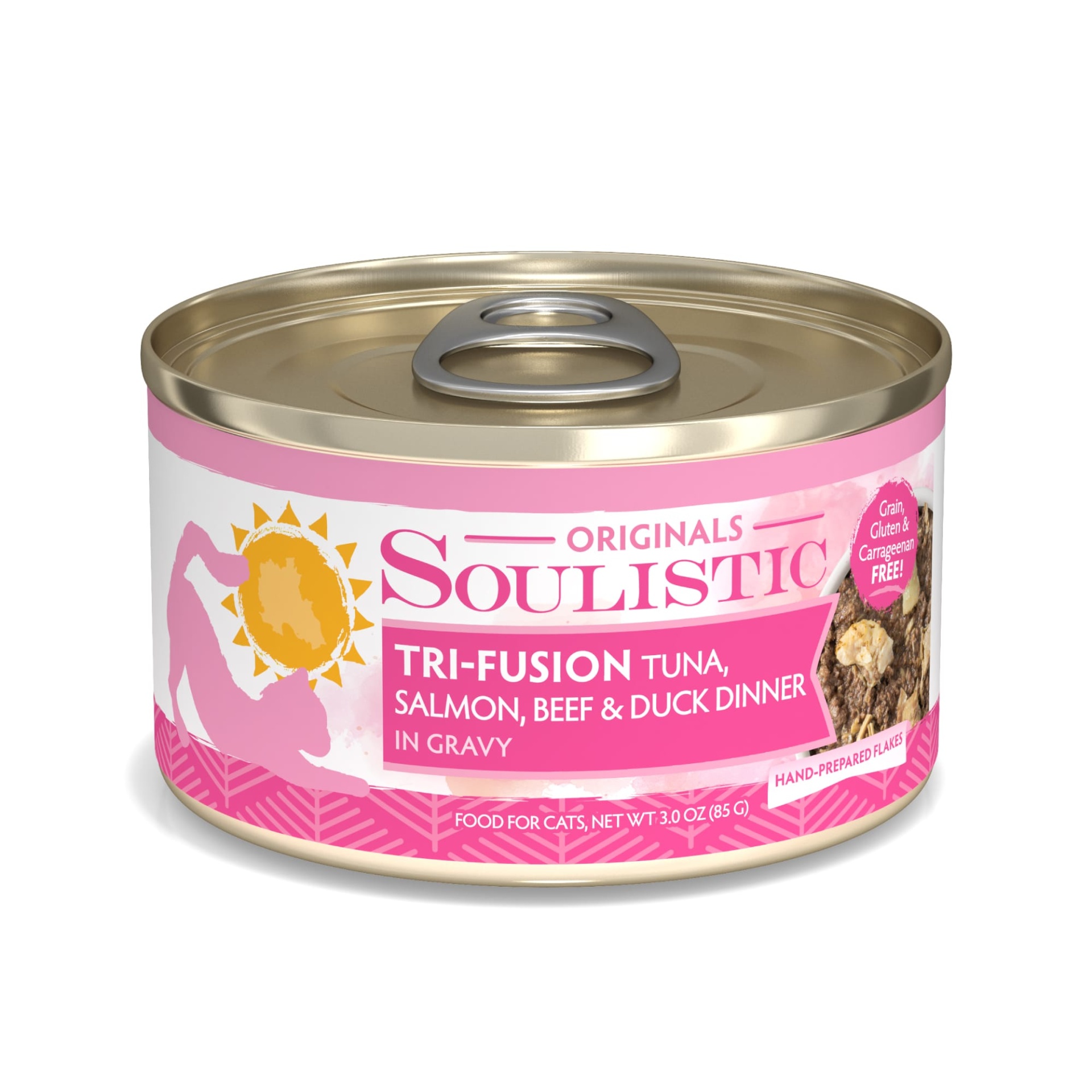 slide 1 of 1, Soulistic Tri-Fusion Tuna with Grilled Salmon, Beef, & Duck Dinner Adult Canned Cat Food in Gravy, 3 oz