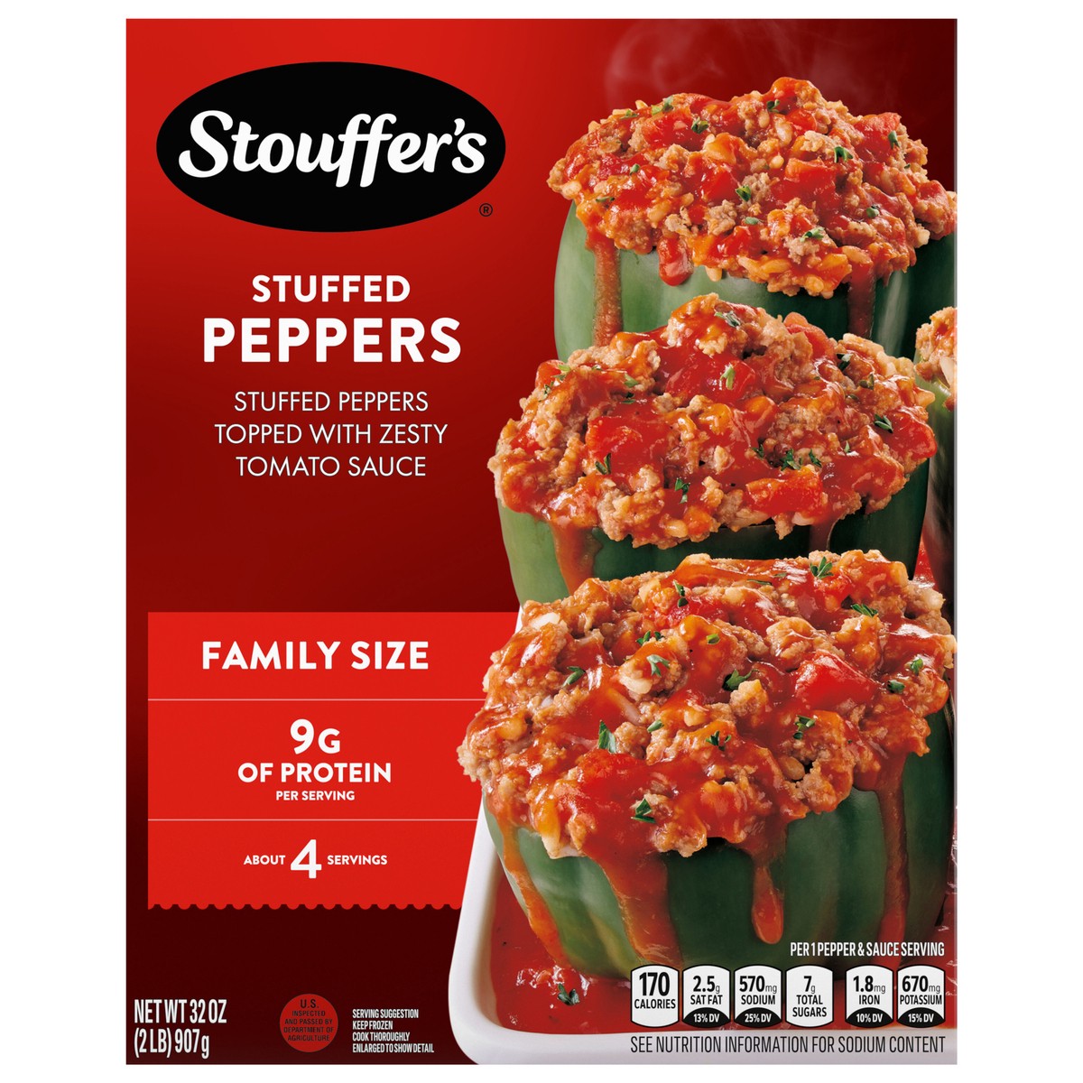 slide 1 of 8, Stouffer's Family Size Stuffed Peppers Frozen Dinner 32 oz., 32 oz