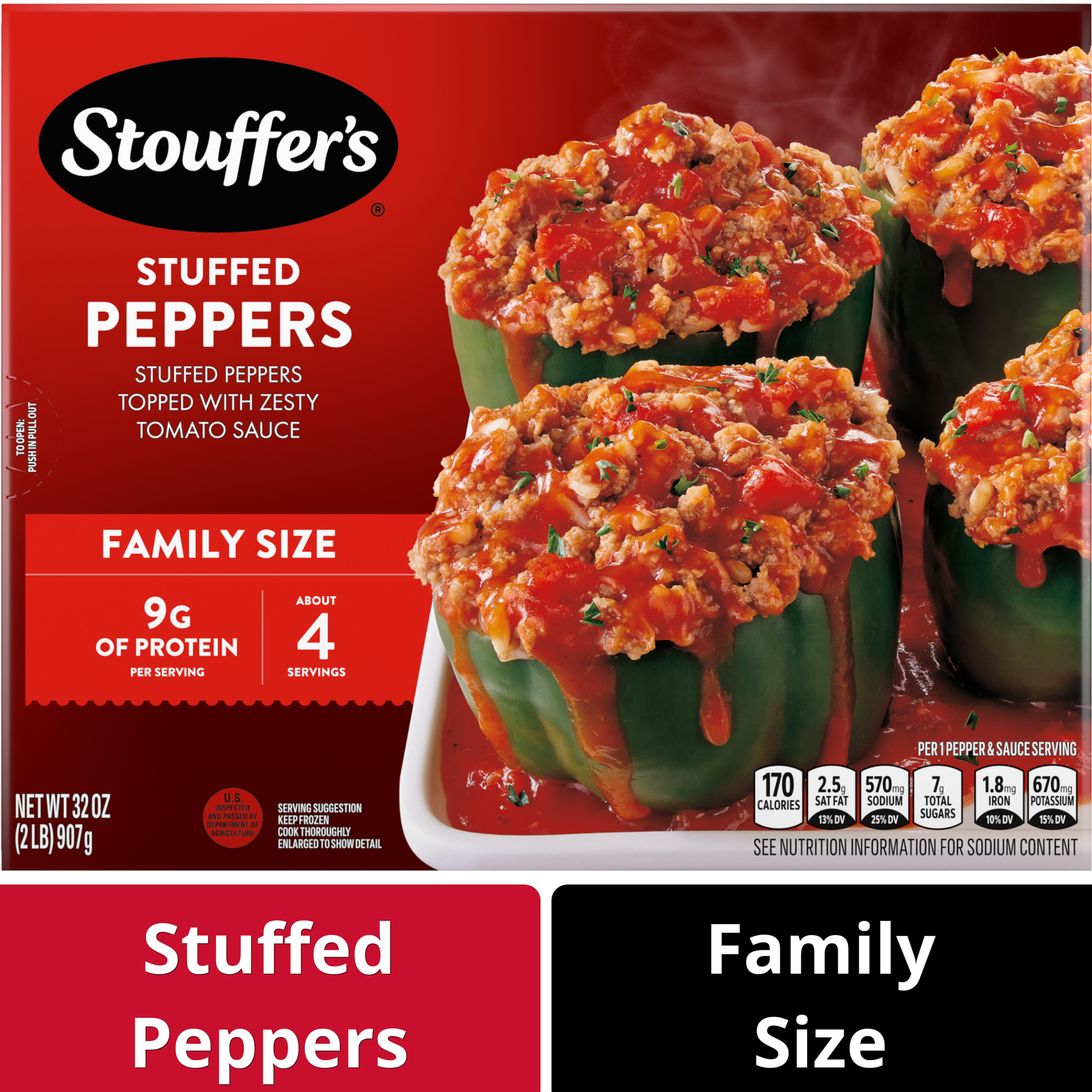 slide 1 of 8, Stouffer's Family Size Stuffed Peppers Frozen Dinner, 32 oz