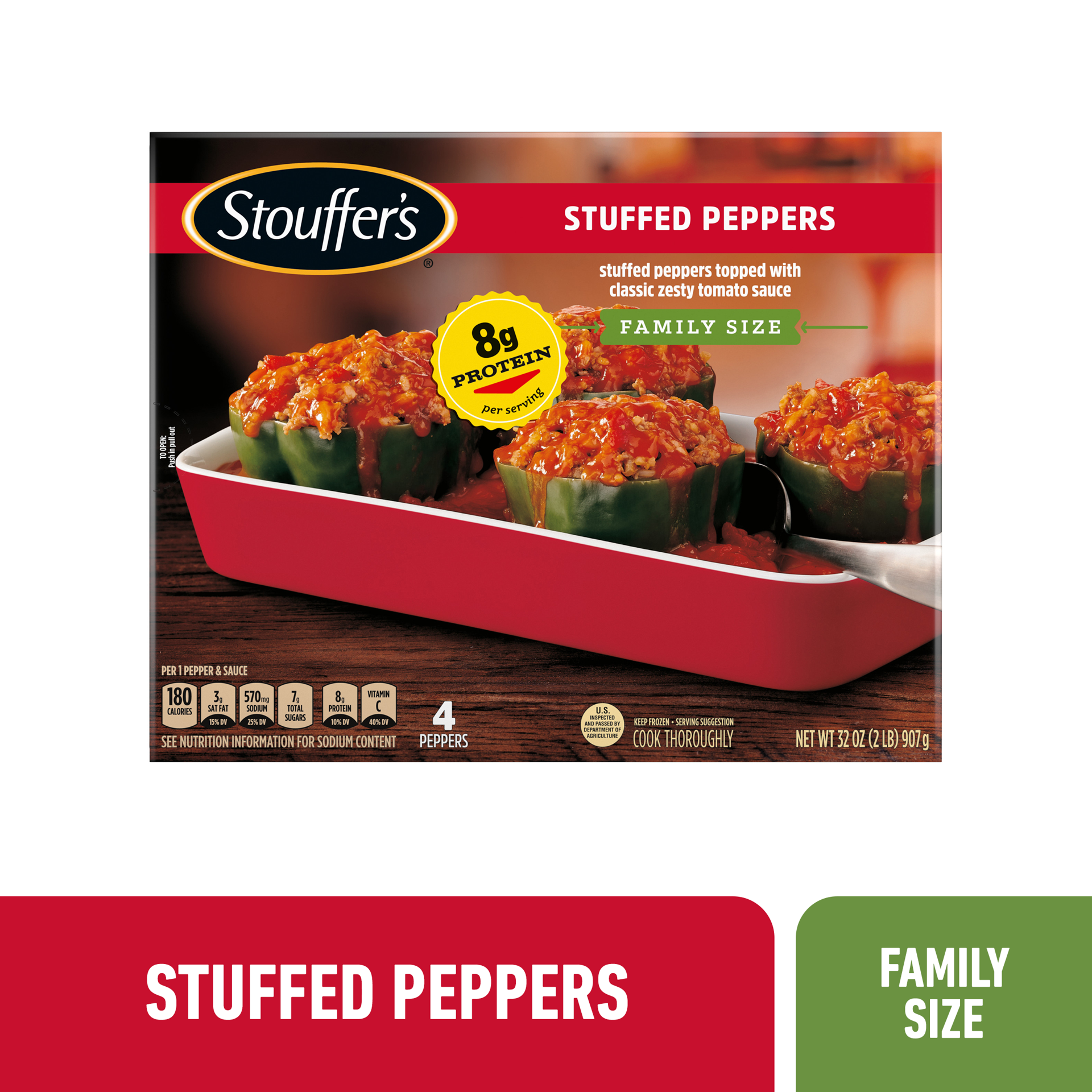 slide 1 of 8, Stouffer's Family Size Stuffed Peppers Frozen Dinner, 32 oz