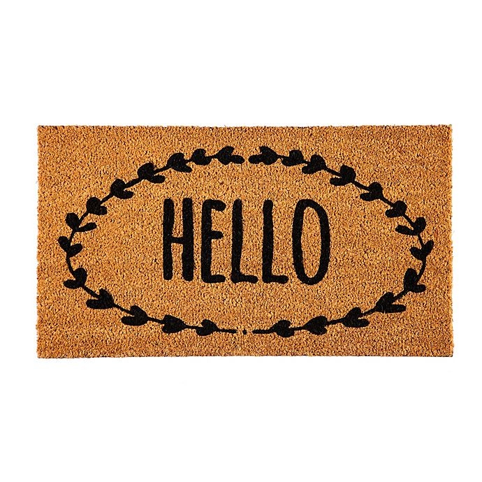 slide 1 of 1, Evergreen Hello'' Wreath Coir Door Mat - Black'', 16 in x 28 in