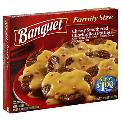 slide 1 of 1, Banquet Family Size Cheesy Smothered Charbroiled Patties , 25 oz