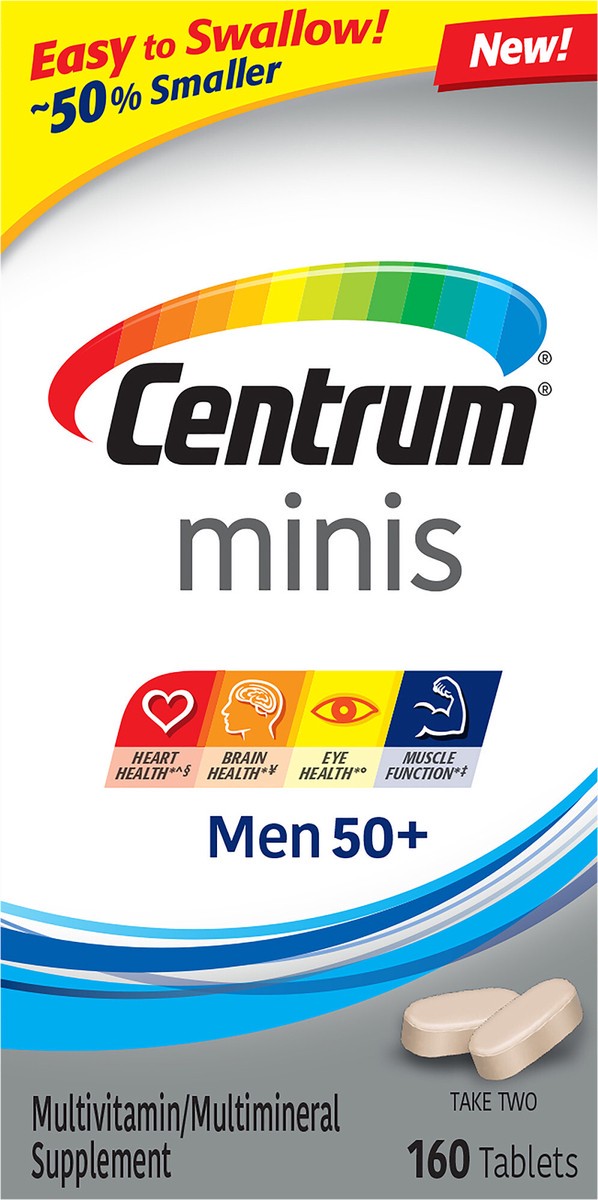 slide 1 of 9, Centrum Minis Men 50+ Multivitamin Supplement Non-GMO and Gluten Free Supports Heart Health and More* Easy to Swallow 160 Tablets, 160 cnt